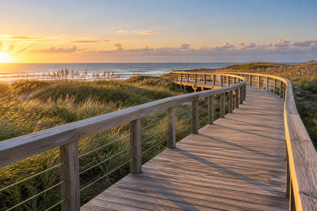 Curving timber boardwalk through coastal dune vegetation